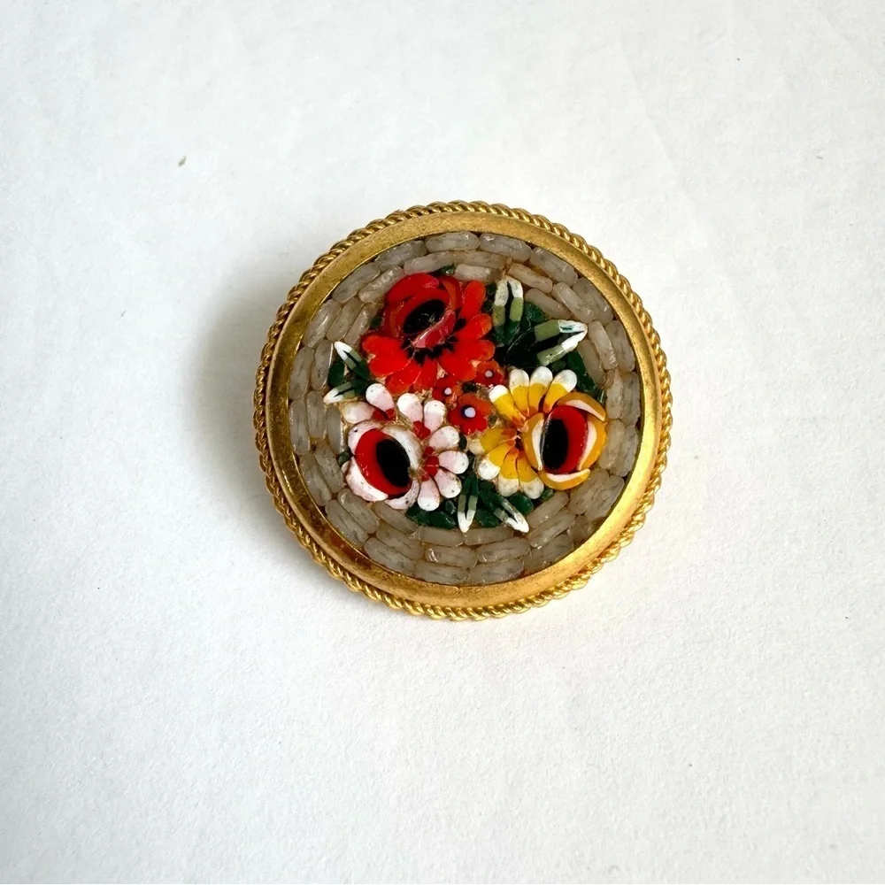 Vintage‎ Floral Mosaic Brooch Rose Floral Pin Signed Italy Italian Florentine